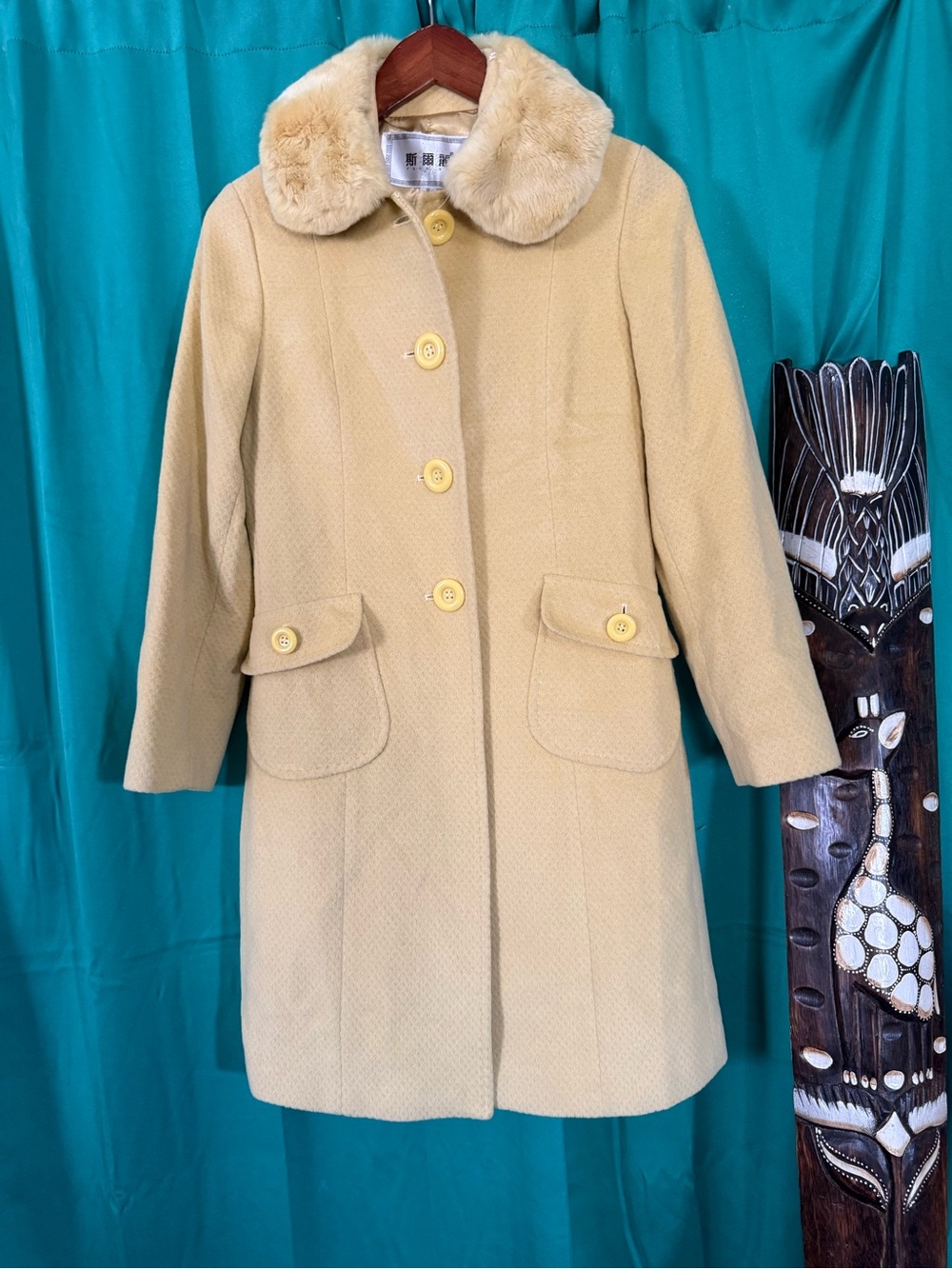 Classic Cream Wool Coat with Faux Fur Collar